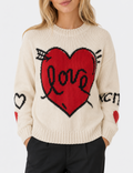 Ladies Love Heart Pattern Crew Neck Knit Sweater