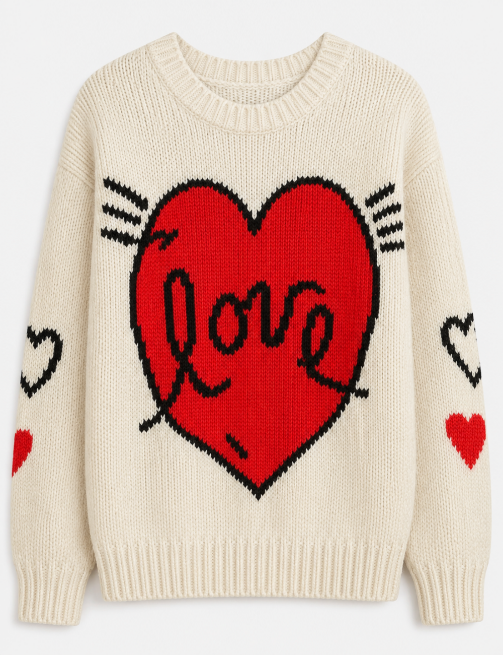 Ladies Love Heart Pattern Crew Neck Knit Sweater