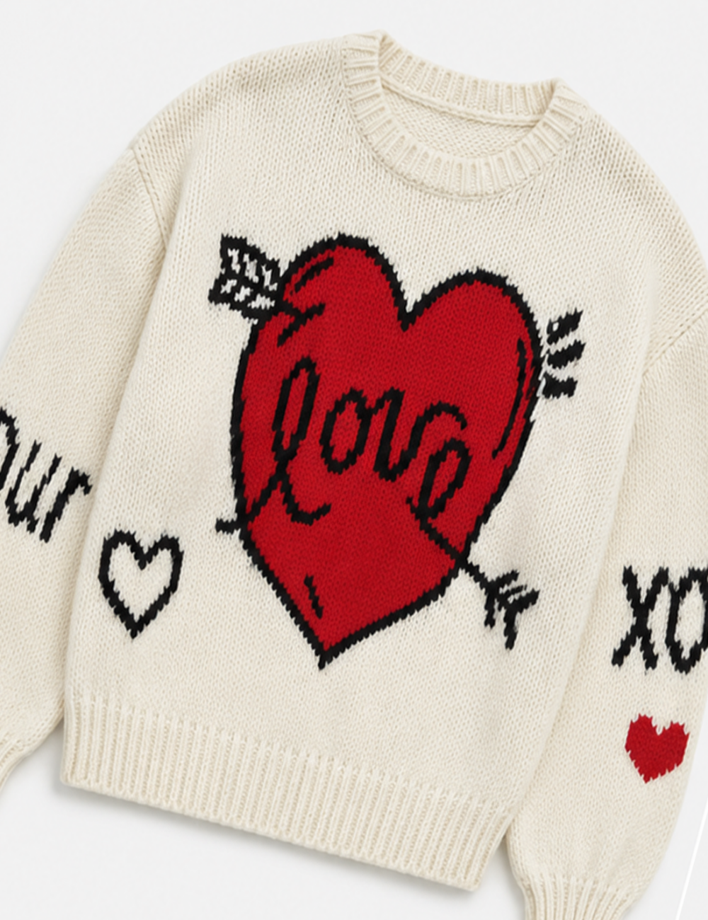 Ladies Love Heart Pattern Crew Neck Knit Sweater