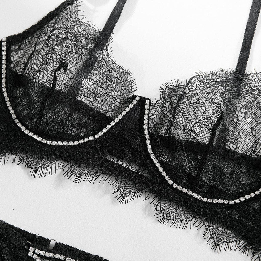 Lace Diamond Setting Lingerie Set with Garter Belt