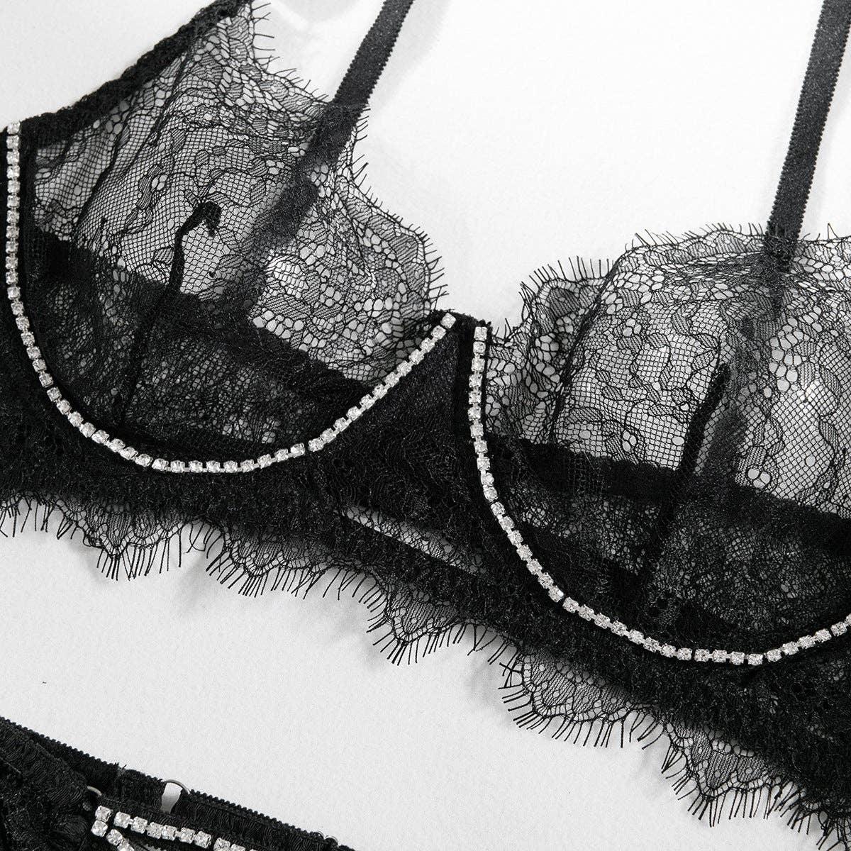 Lace Diamond Setting Lingerie Set with Garter Belt