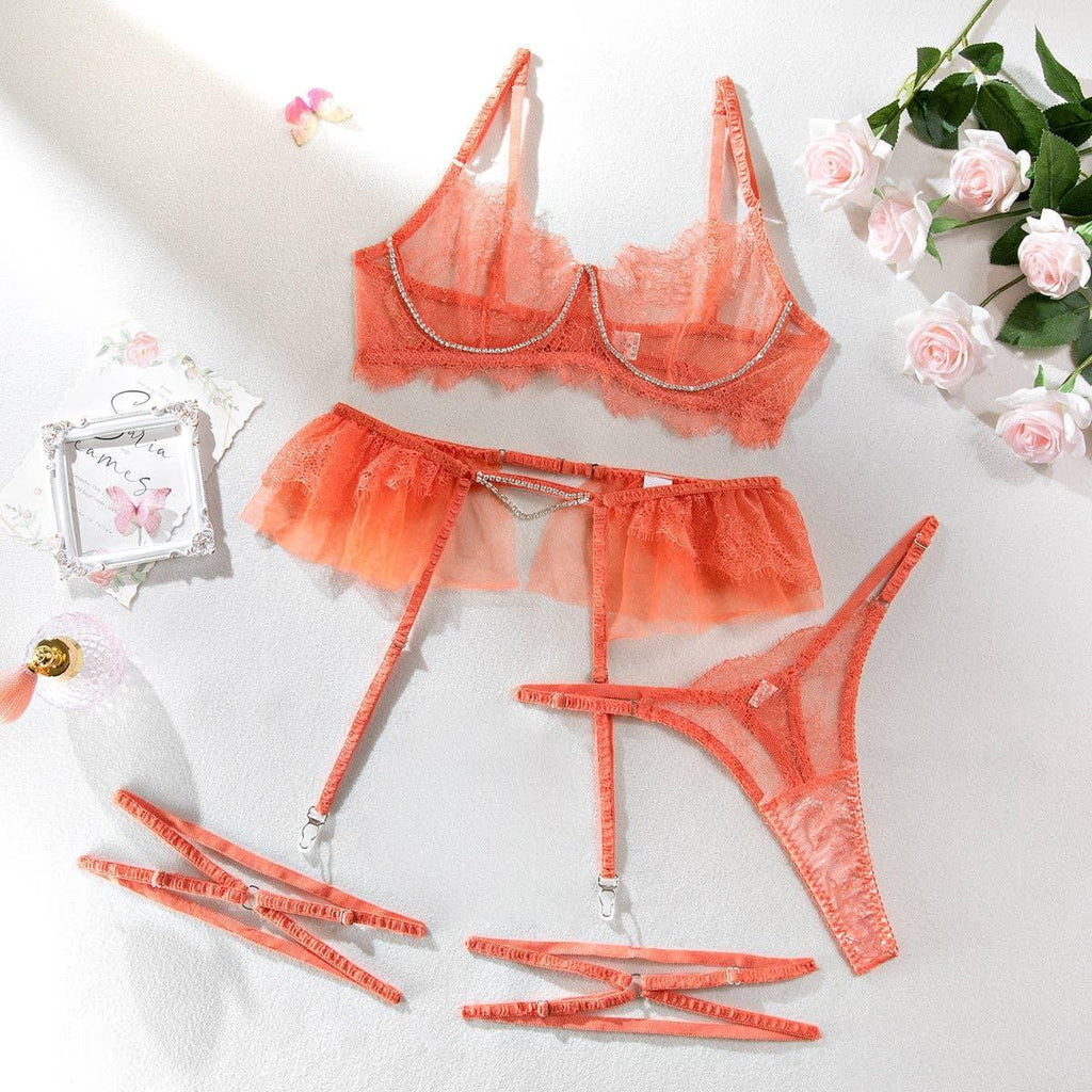 Lace Diamond Setting Lingerie Set with Garter Belt