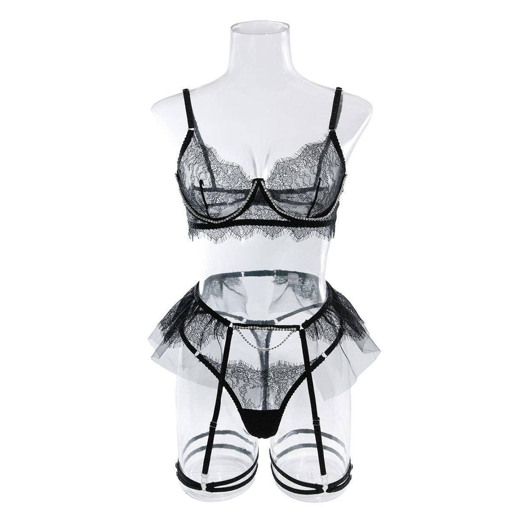 Lace Diamond Setting Lingerie Set with Garter Belt