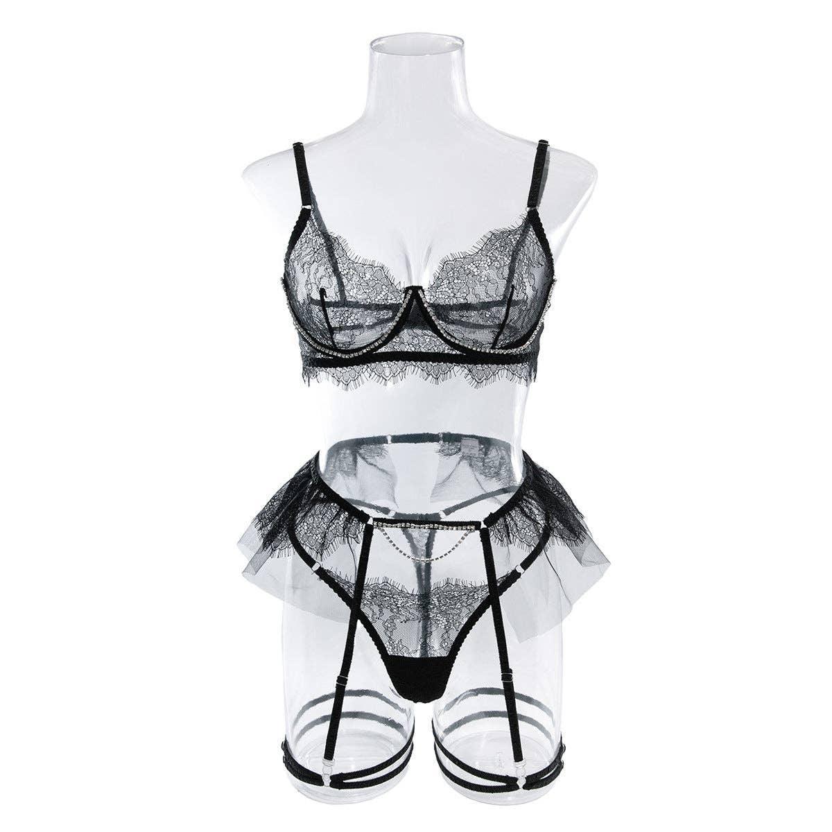 Lace Diamond Setting Lingerie Set with Garter Belt