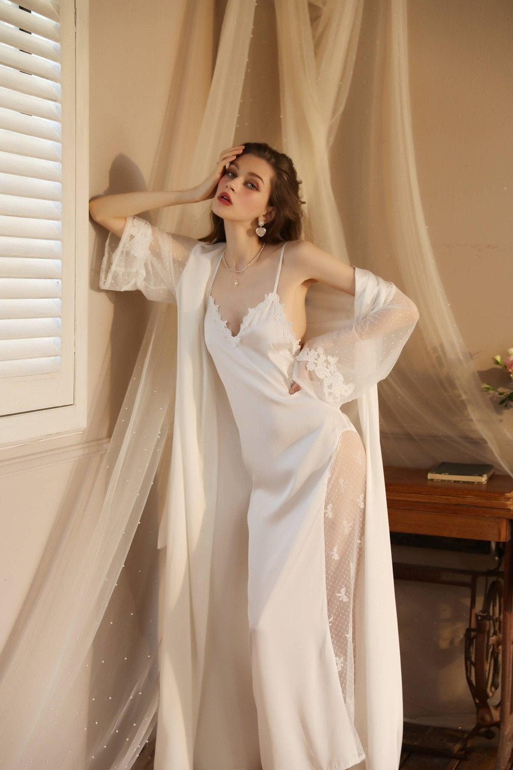 SWEETKAMA Lace Night Gown, Silk Robes,Bridal Party Robes,with Babydoll