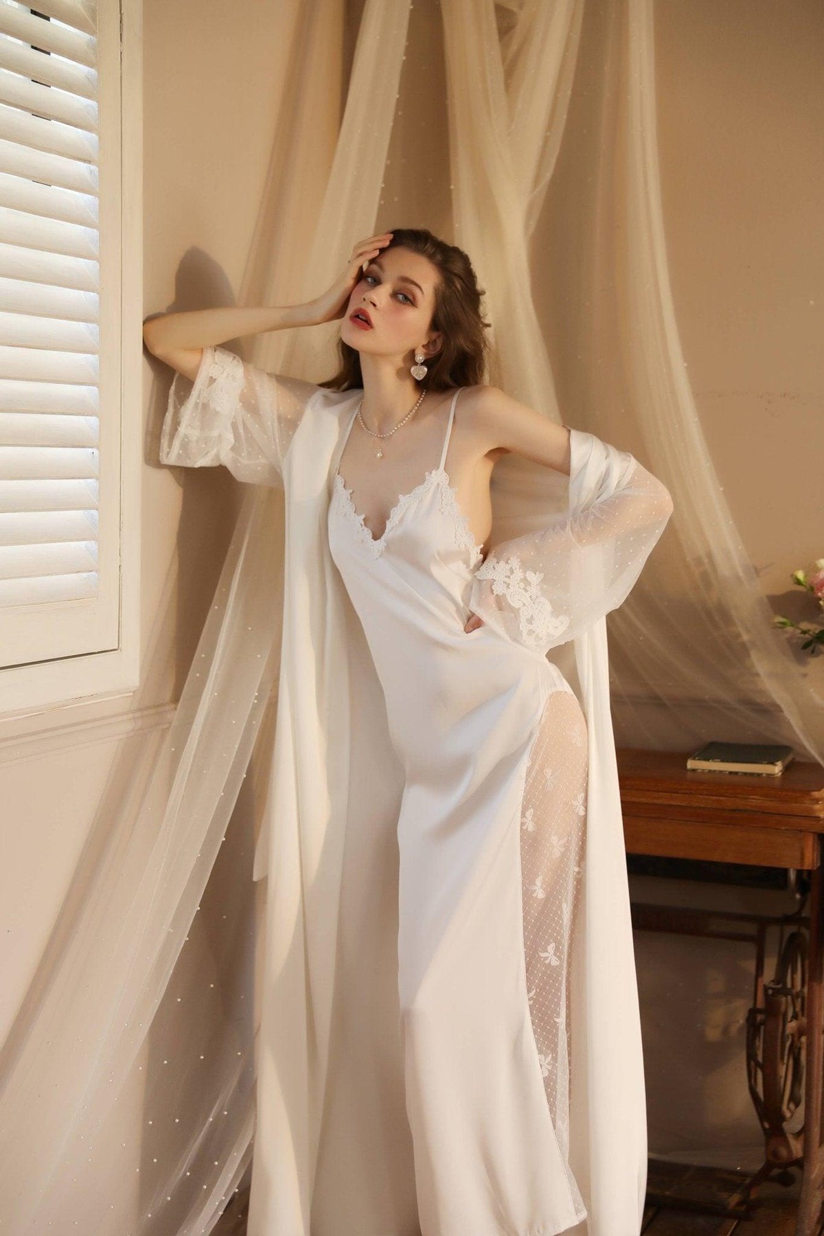 SWEETKAMA Lace Night Gown, Silk Robes,Bridal Party Robes,with Babydoll