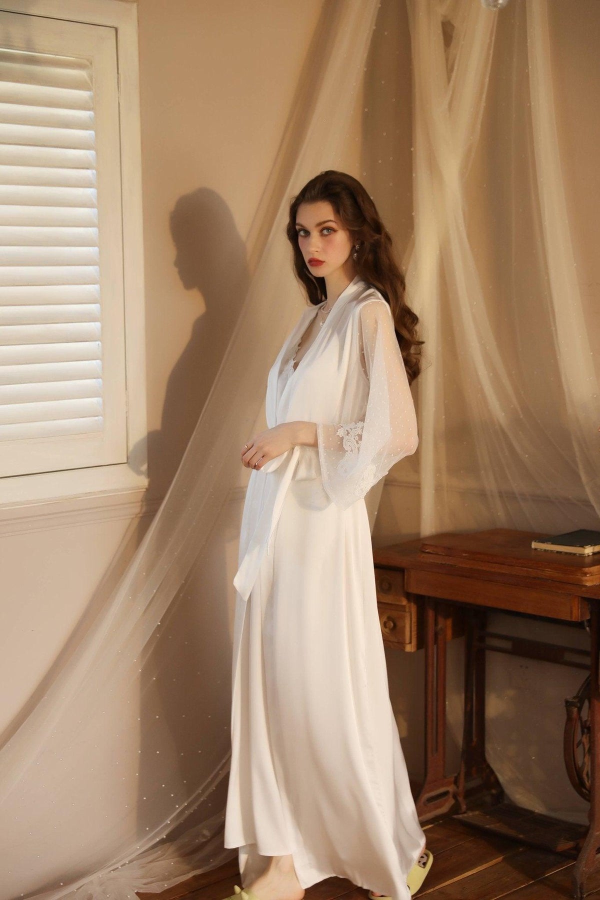 SWEETKAMA Lace Night Gown, Silk Robes,Bridal Party Robes,with Babydoll