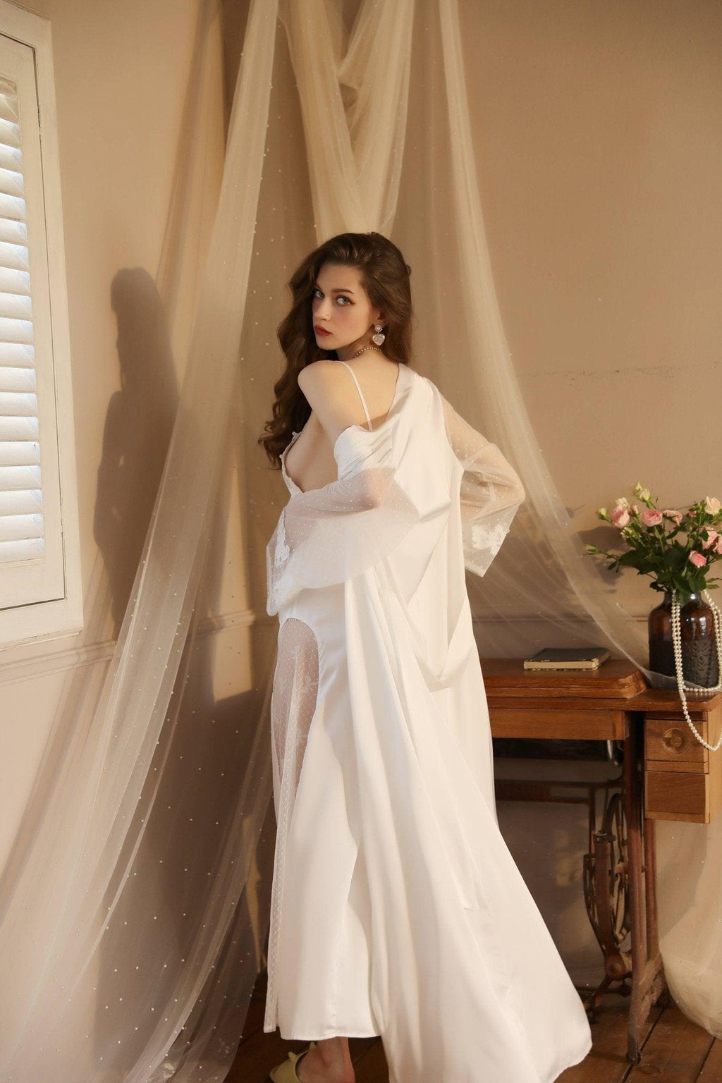 SWEETKAMA Lace Night Gown, Silk Robes,Bridal Party Robes,with Babydoll