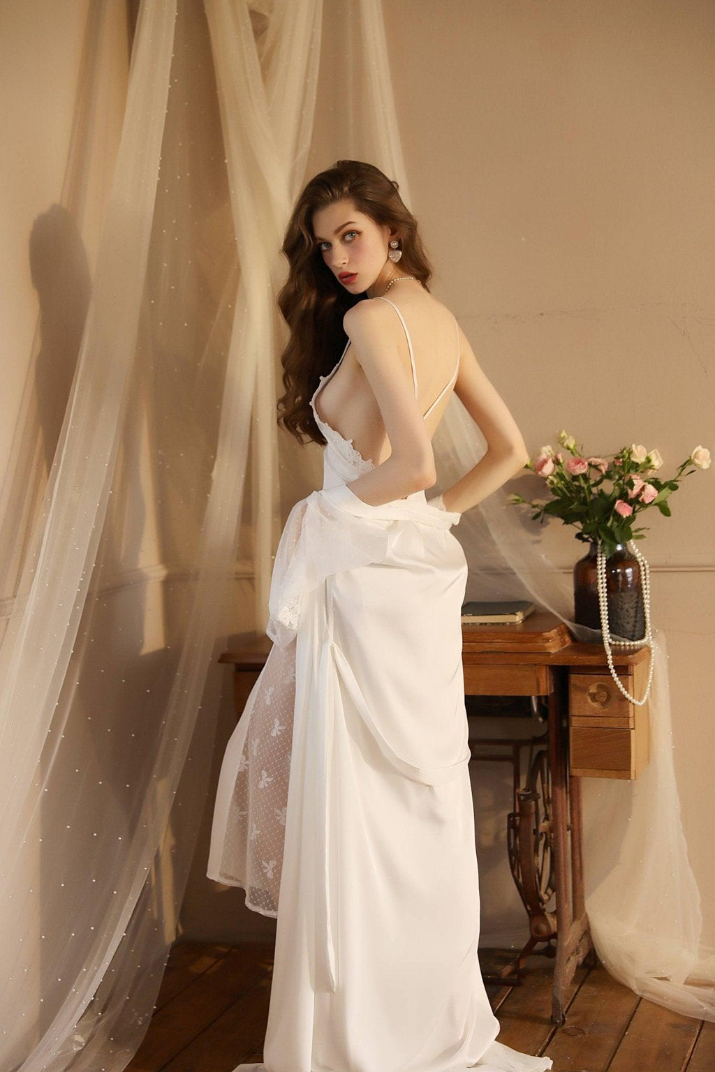 SWEETKAMA Lace Night Gown, Silk Robes,Bridal Party Robes,with Babydoll