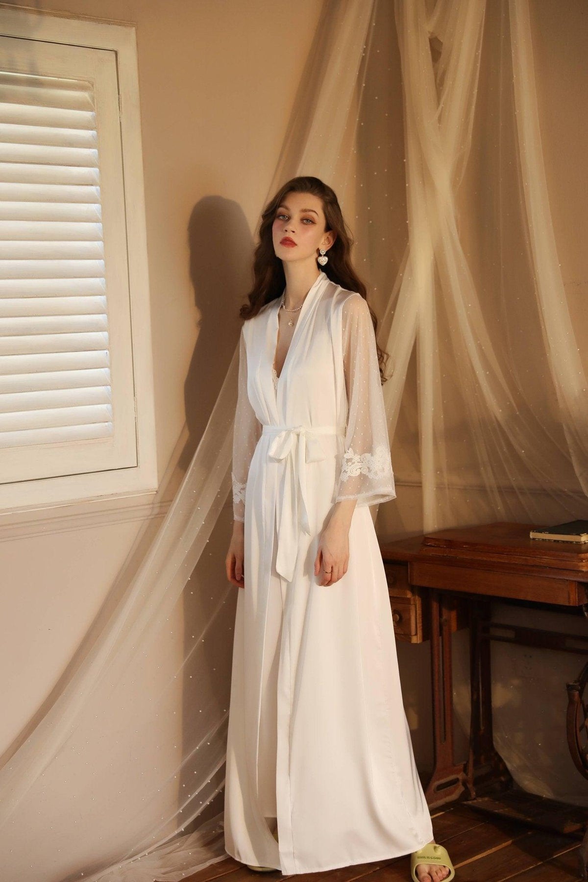 SWEETKAMA Lace Night Gown, Silk Robes,Bridal Party Robes,with Babydoll