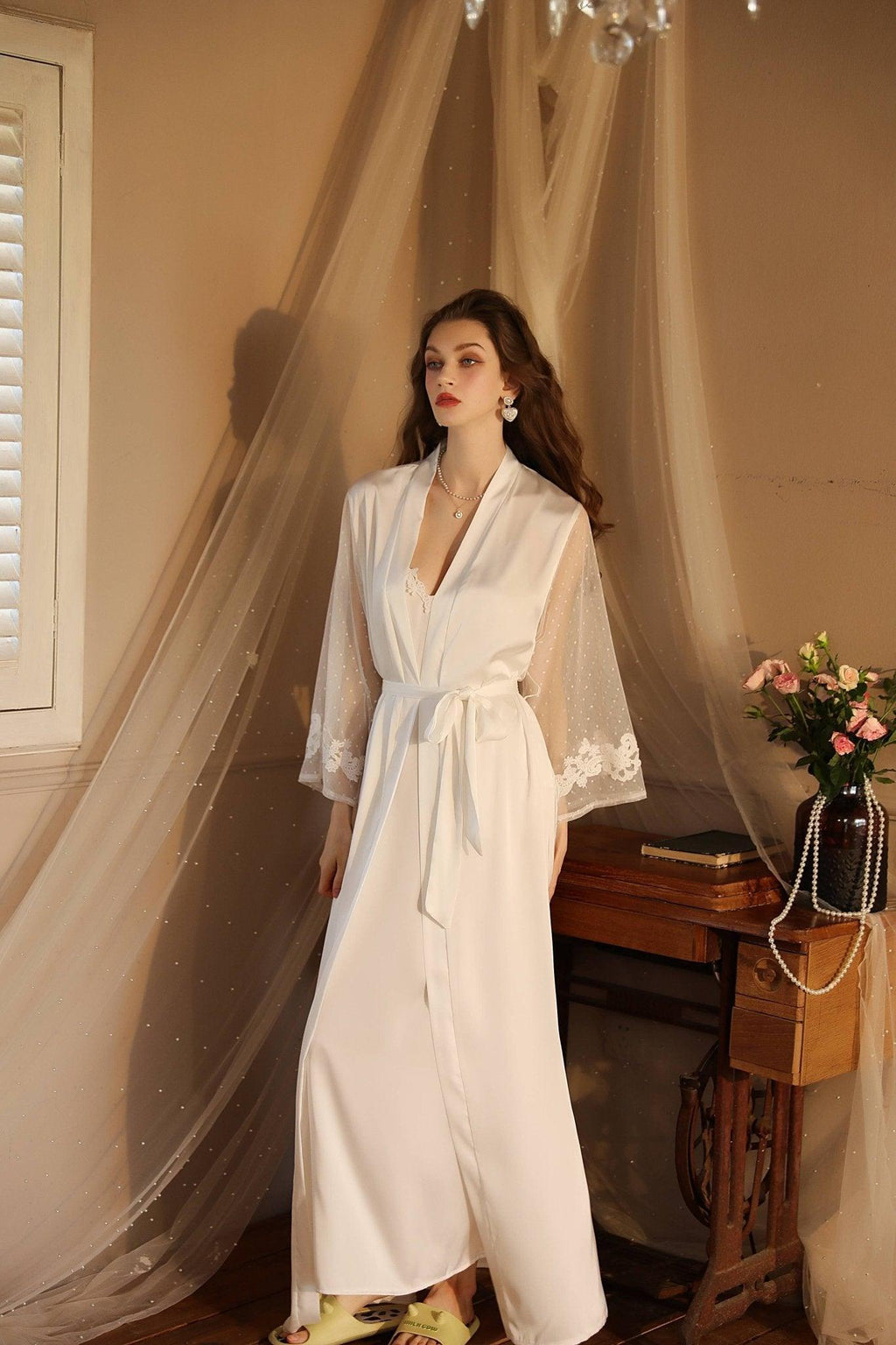 SWEETKAMA Lace Night Gown, Silk Robes,Bridal Party Robes,with Babydoll