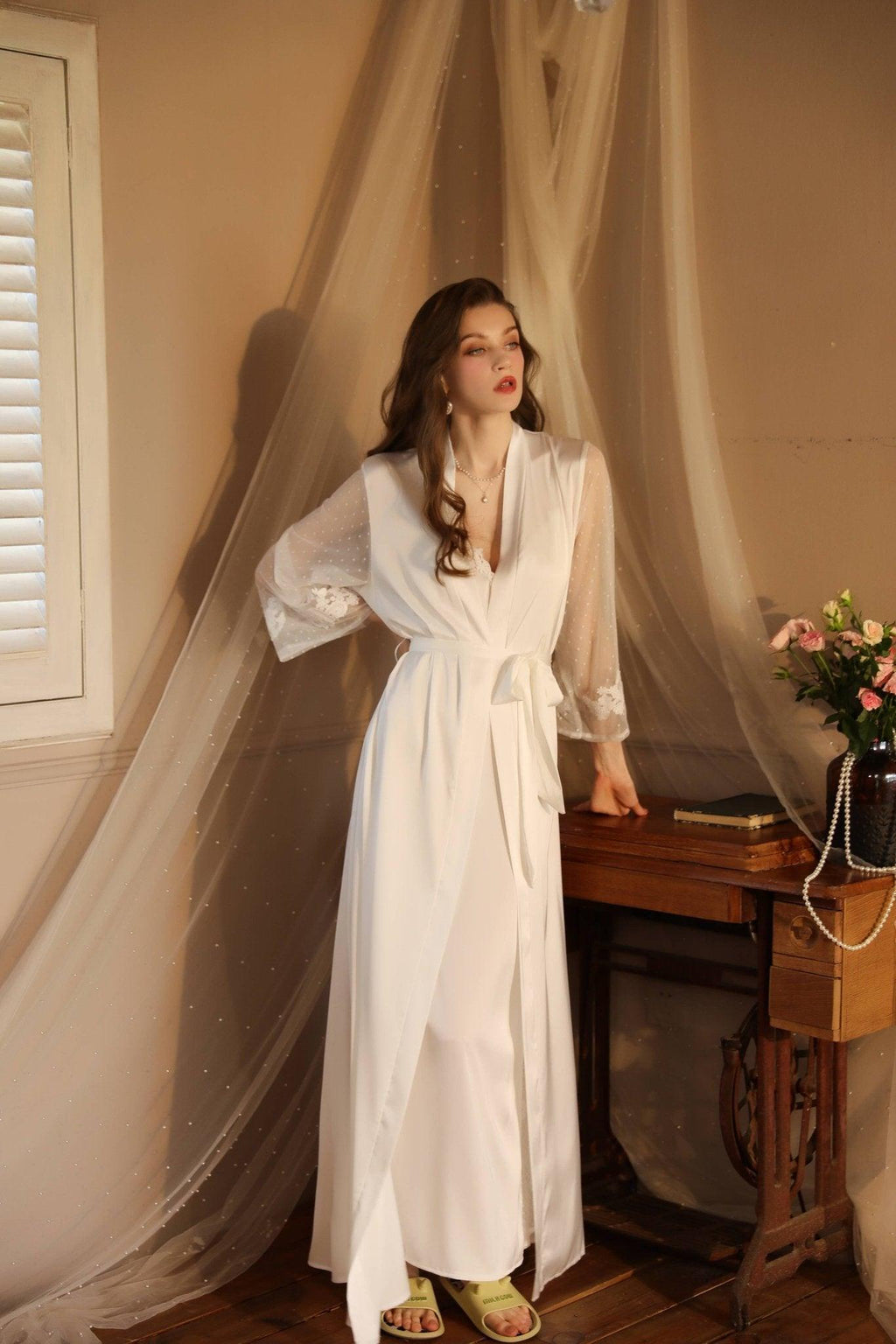 SWEETKAMA Lace Night Gown, Silk Robes,Bridal Party Robes,with Babydoll
