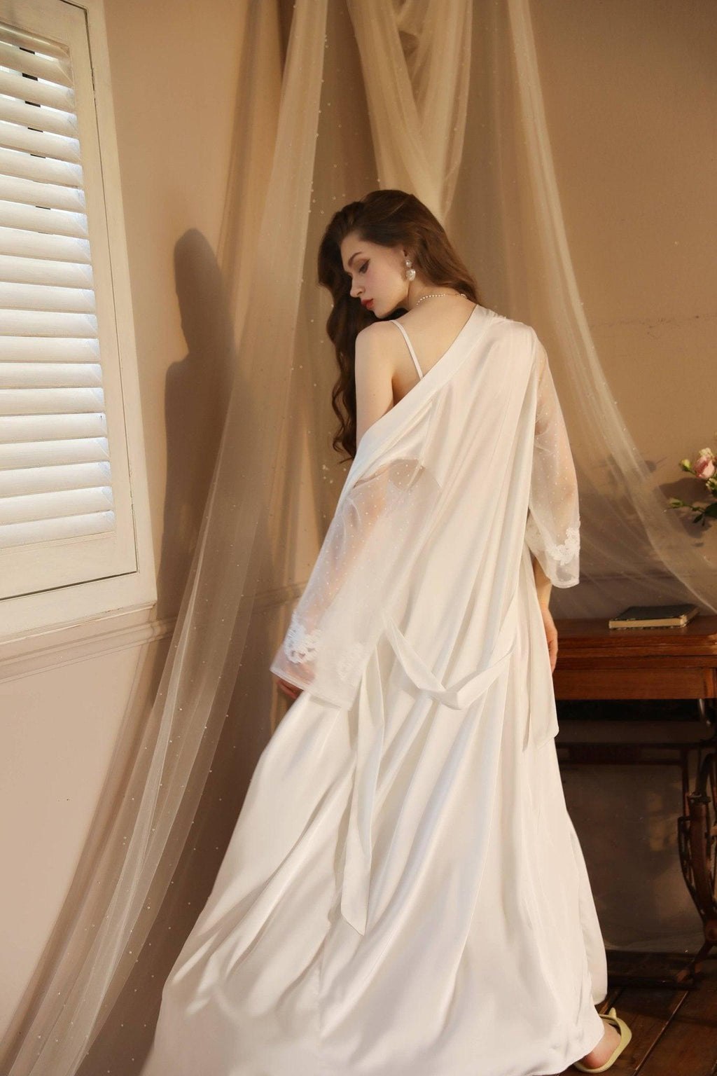 SWEETKAMA Lace Night Gown, Silk Robes,Bridal Party Robes,with Babydoll
