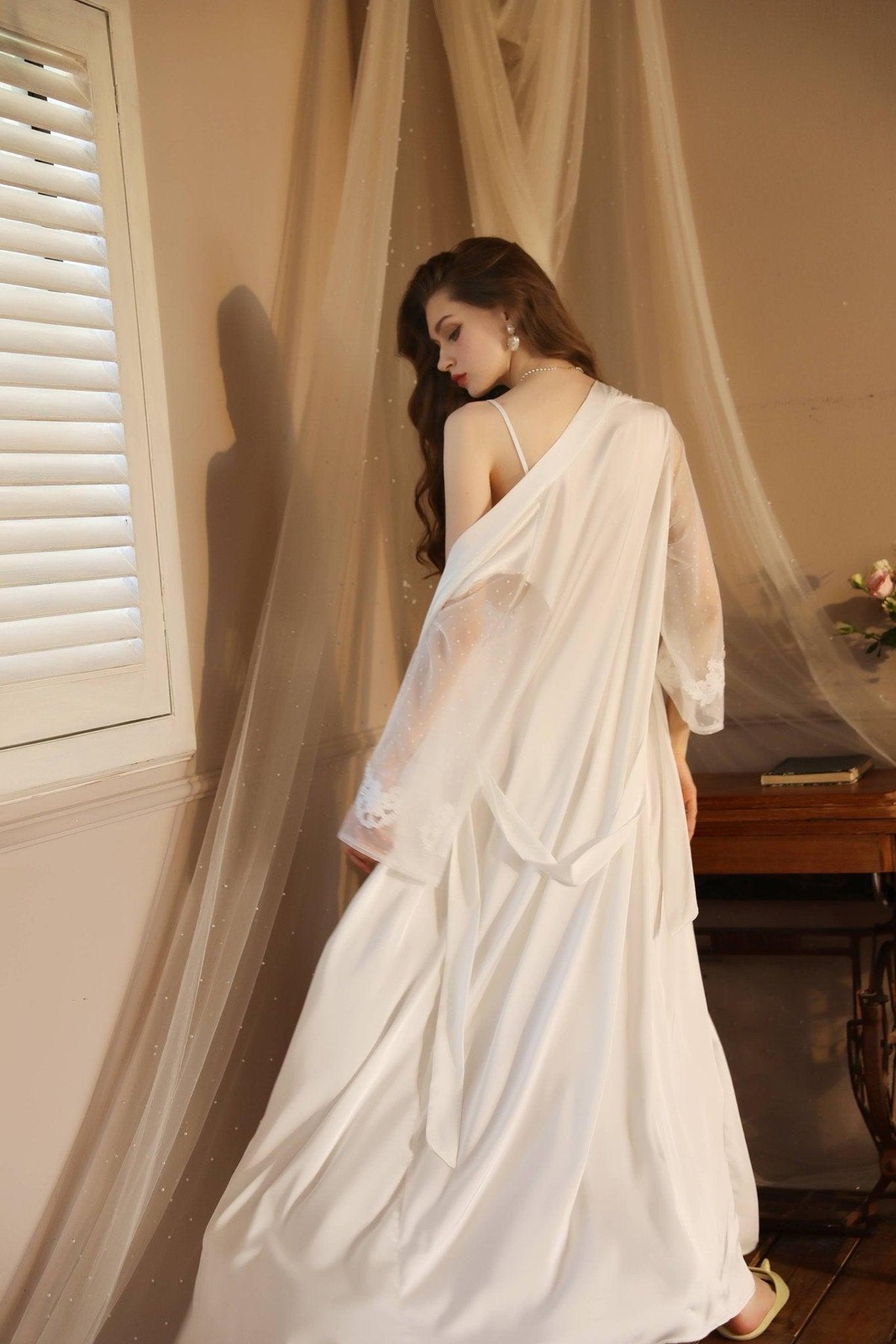 SWEETKAMA Lace Night Gown, Silk Robes,Bridal Party Robes,with Babydoll