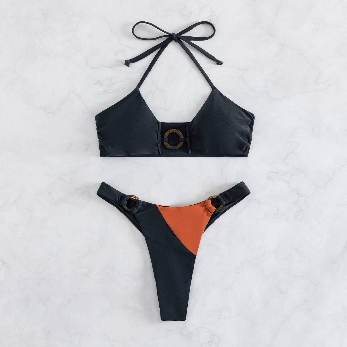 Ladies Color Block Halter Triangle 2PCS Bikini Set 3036