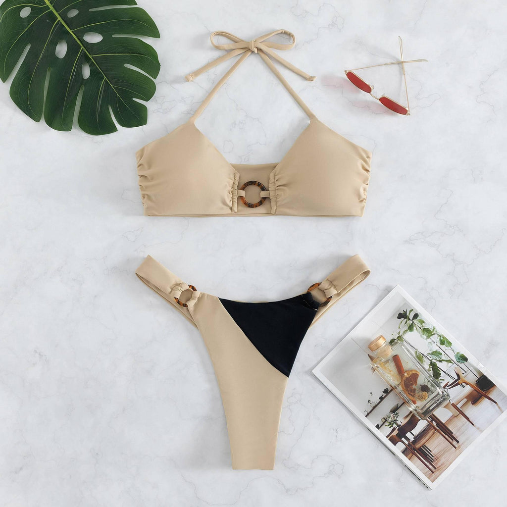 Ladies Color Block Halter Triangle 2PCS Bikini Set 3036