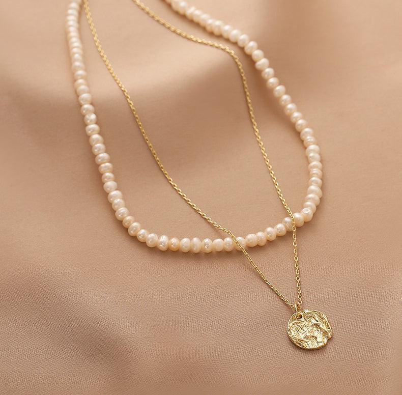 Ladies Fake Pearl Beads Circle Disc Pendent Necklace Set SKAJ010