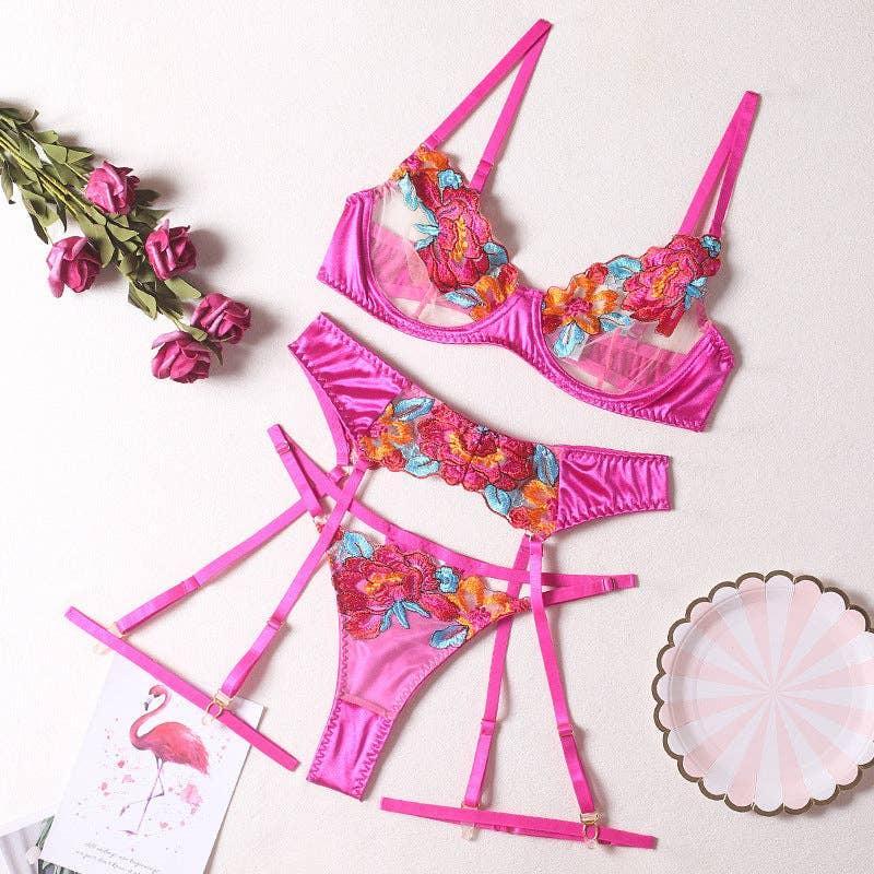 Ladies Floral Embroidery Lingerie Set with Garter Belt