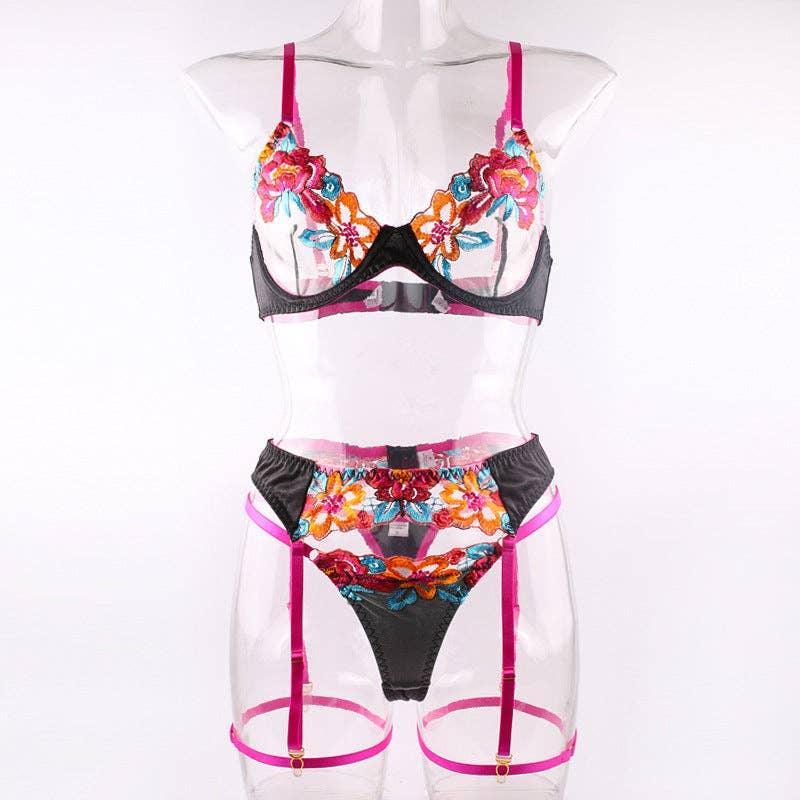Ladies Floral Embroidery Lingerie Set with Garter Belt