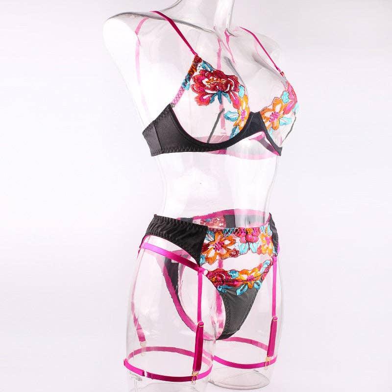 Ladies Floral Embroidery Lingerie Set with Garter Belt
