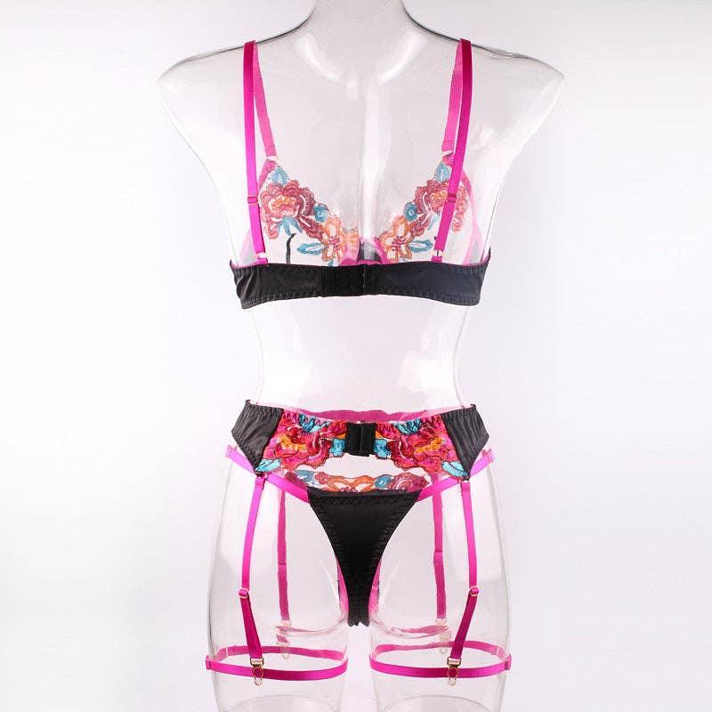 Ladies Floral Embroidery Lingerie Set with Garter Belt