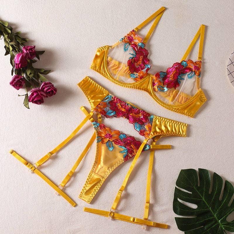 Ladies Floral Embroidery Lingerie Set with Garter Belt