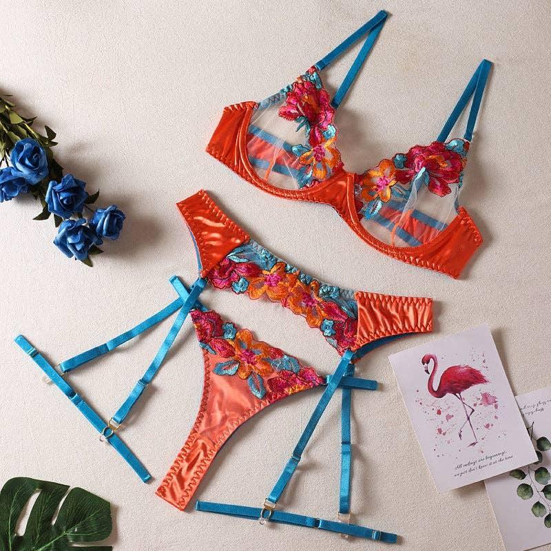Ladies Floral Embroidery Lingerie Set with Garter Belt