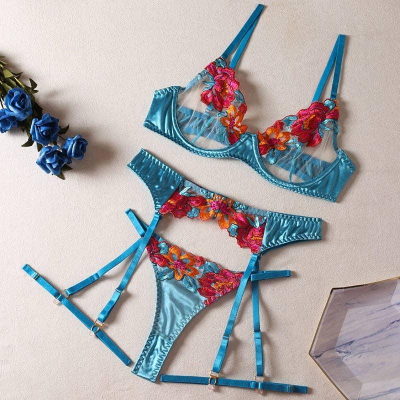 Ladies Floral Embroidery Lingerie Set with Garter Belt