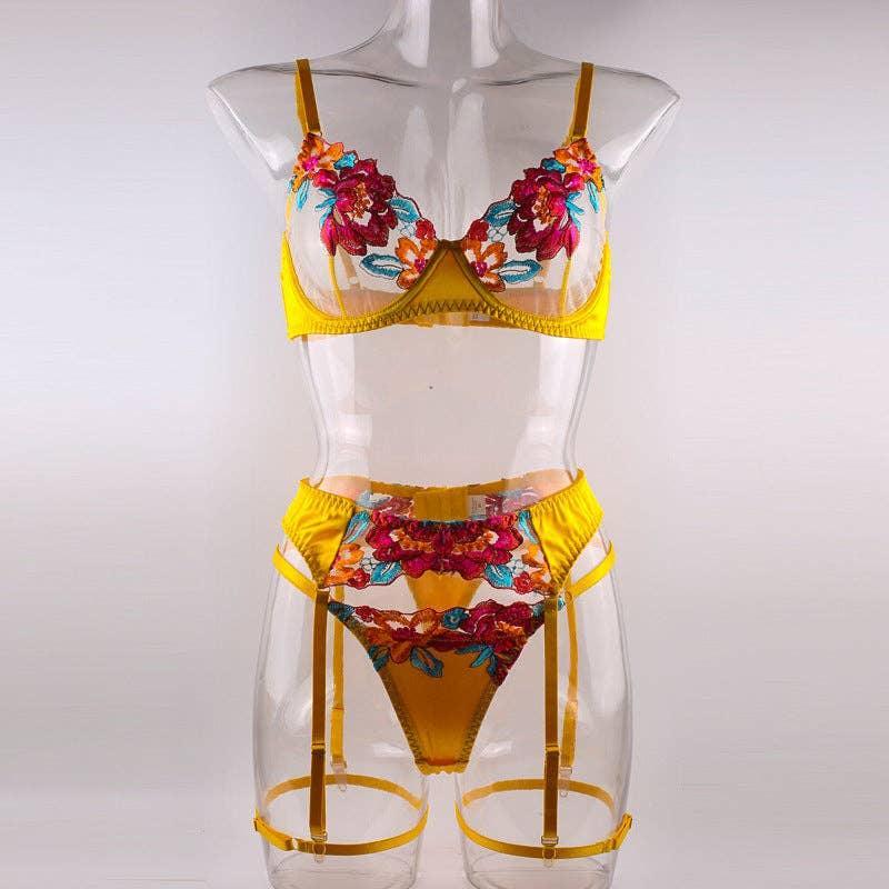 Ladies Floral Embroidery Lingerie Set with Garter Belt