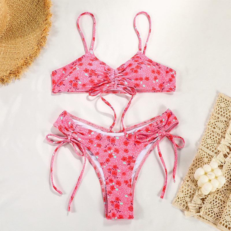 Ladies Flower Print Shoulder Straps Bikini Set
