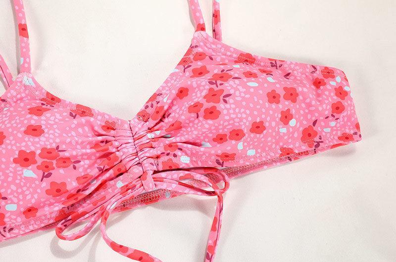 Ladies Flower Print Shoulder Straps Bikini Set