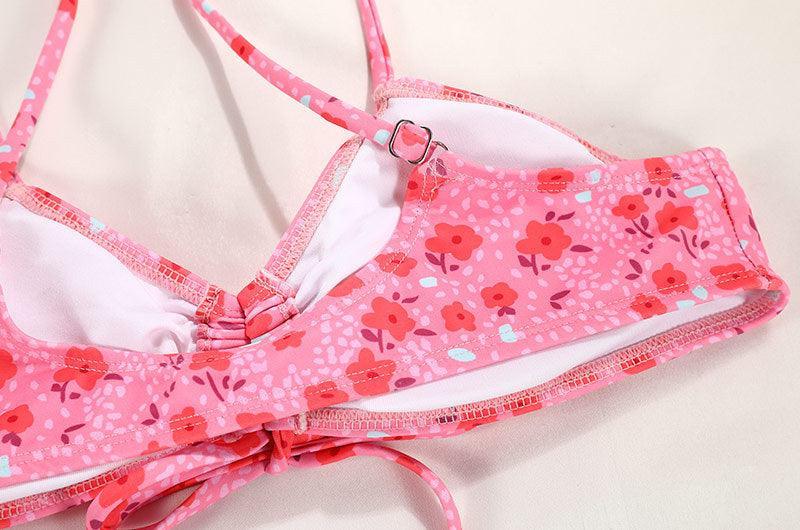 Ladies Flower Print Shoulder Straps Bikini Set