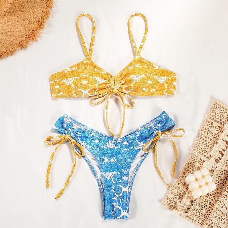 Ladies Flower Print Shoulder Straps Bikini Set