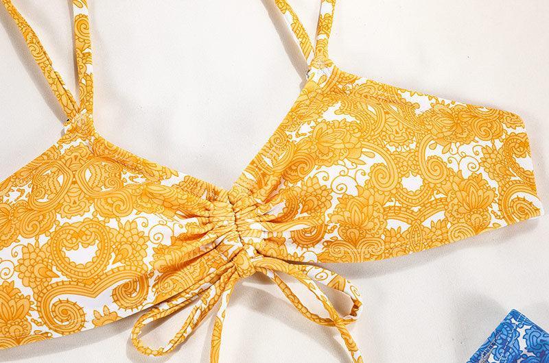 Ladies Flower Print Shoulder Straps Bikini Set