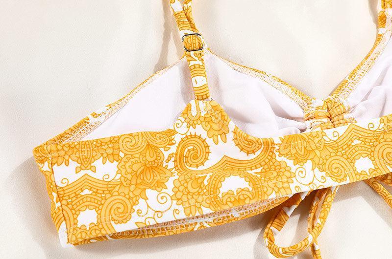 Ladies Flower Print Shoulder Straps Bikini Set