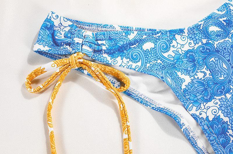 Ladies Flower Print Shoulder Straps Bikini Set