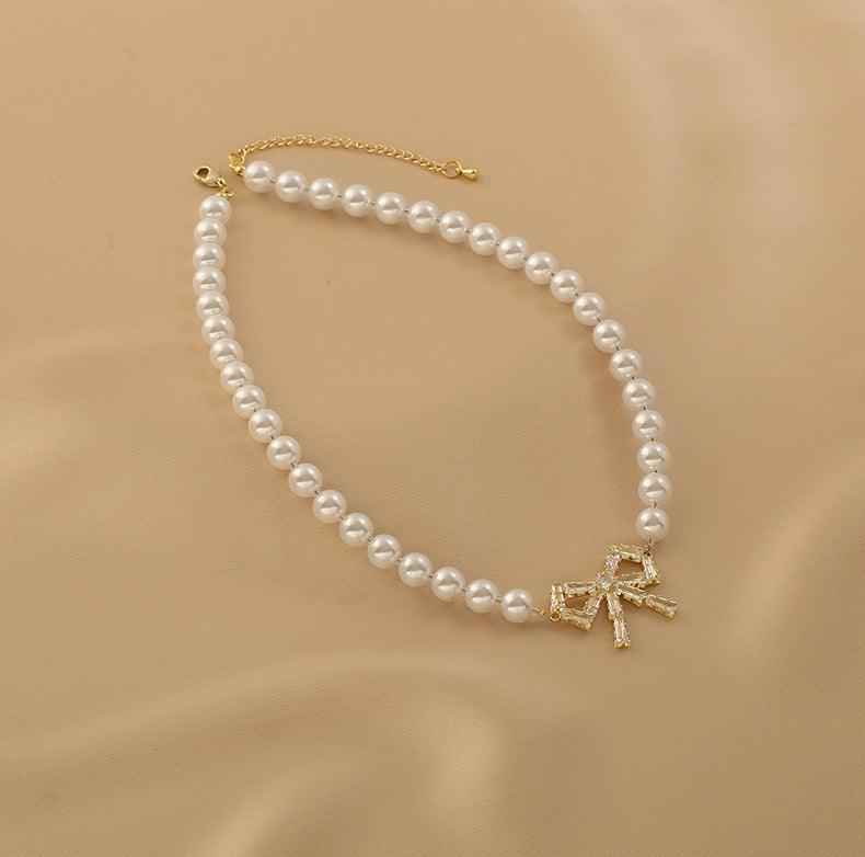 Ladies Lux Fake Pearl Bowknot Necklace SKAJ015