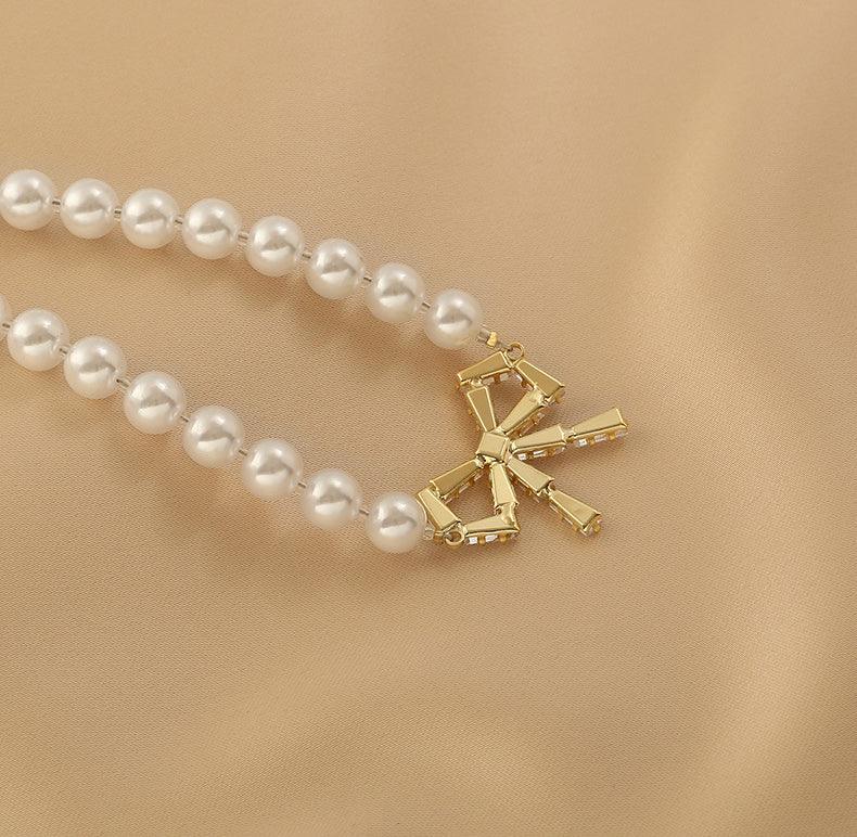 Ladies Lux Fake Pearl Bowknot Necklace SKAJ015