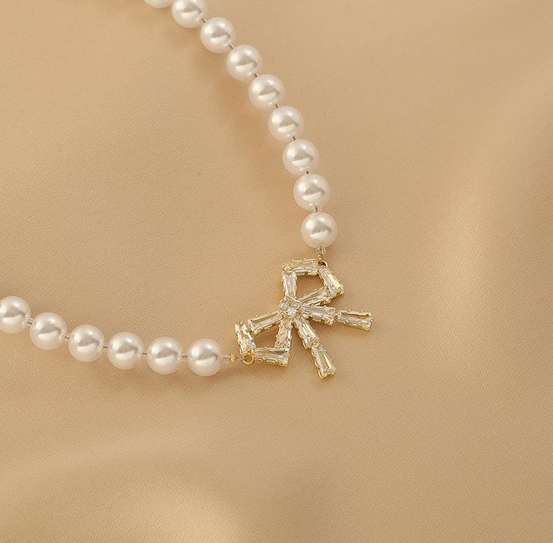 Ladies Lux Fake Pearl Bowknot Necklace SKAJ015