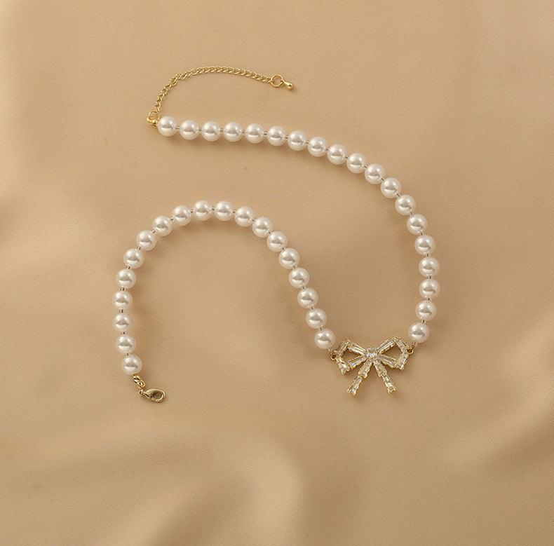 Ladies Lux Fake Pearl Bowknot Necklace SKAJ015