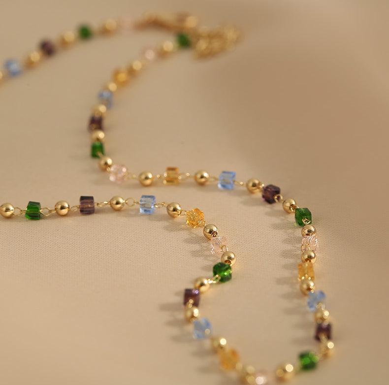 Ladies Multicolor Square & Gold Beads Necklace SKAJ006