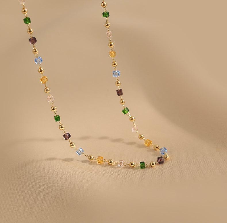 Ladies Multicolor Square & Gold Beads Necklace SKAJ006