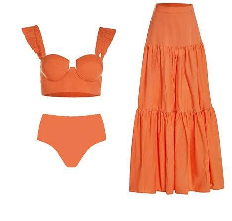 Ladies Ruffle Shoulder Straps Bikini Set with Skirt Cover Y198