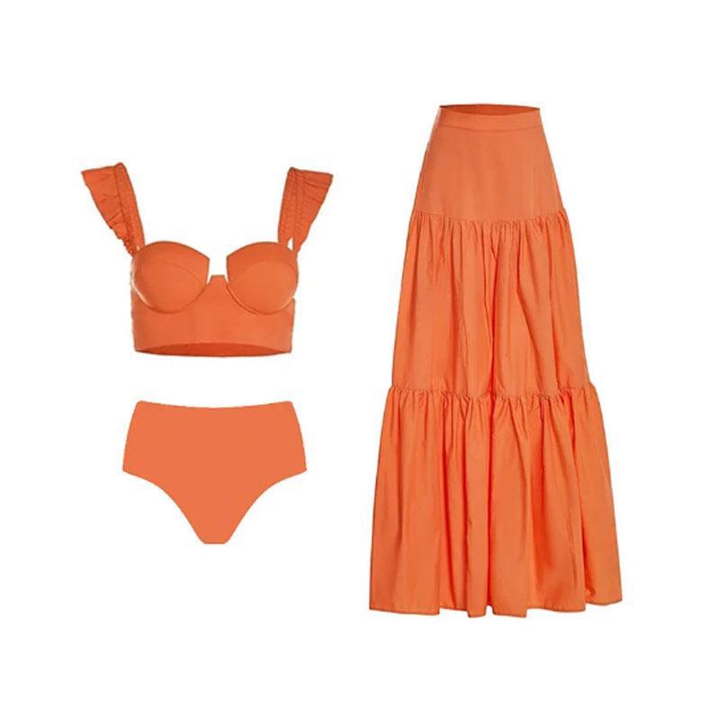 Ladies Ruffle Shoulder Straps Bikini Set with Skirt Cover Y198