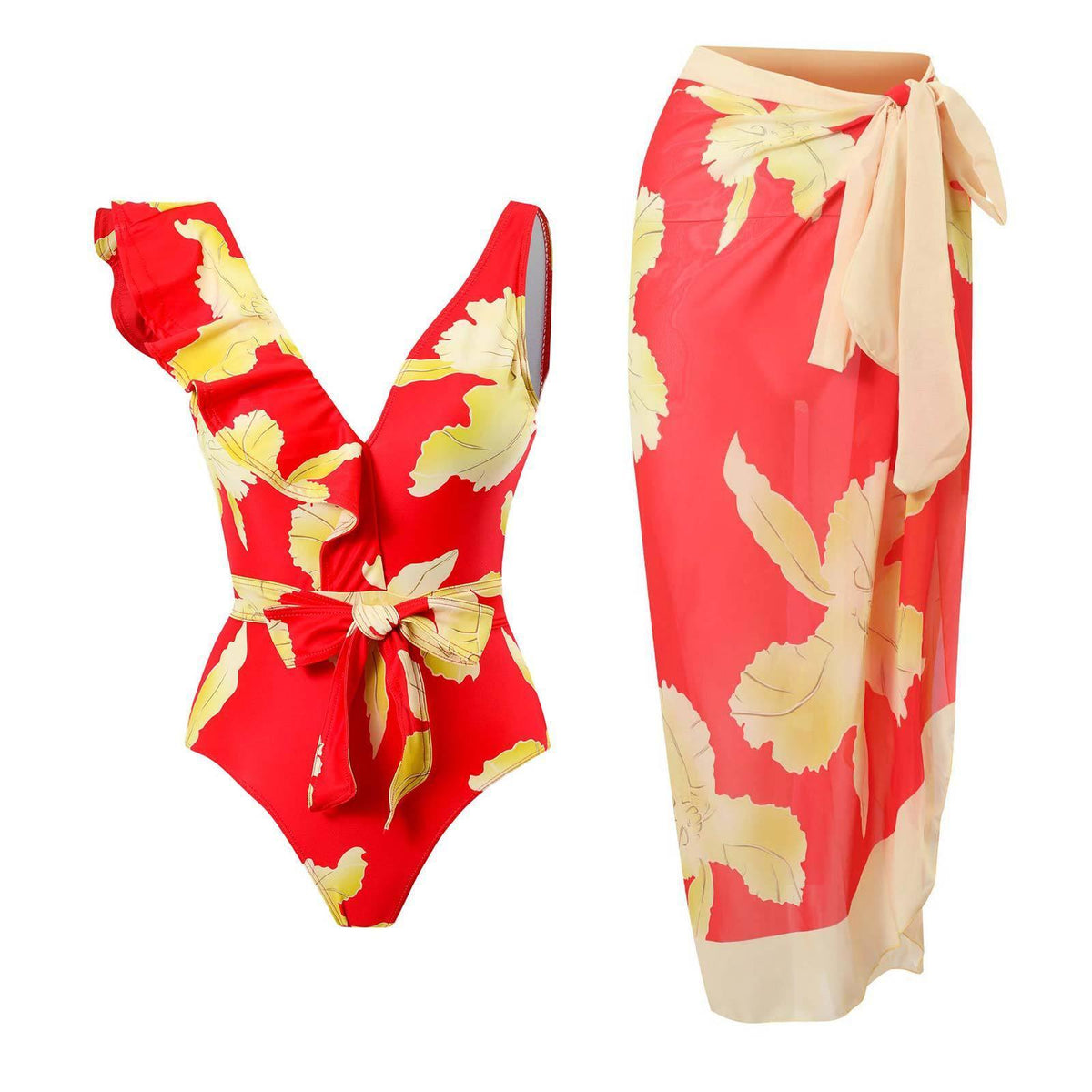 Ladies Ruffles One Piece Swimwear with Skirt Cover Y100