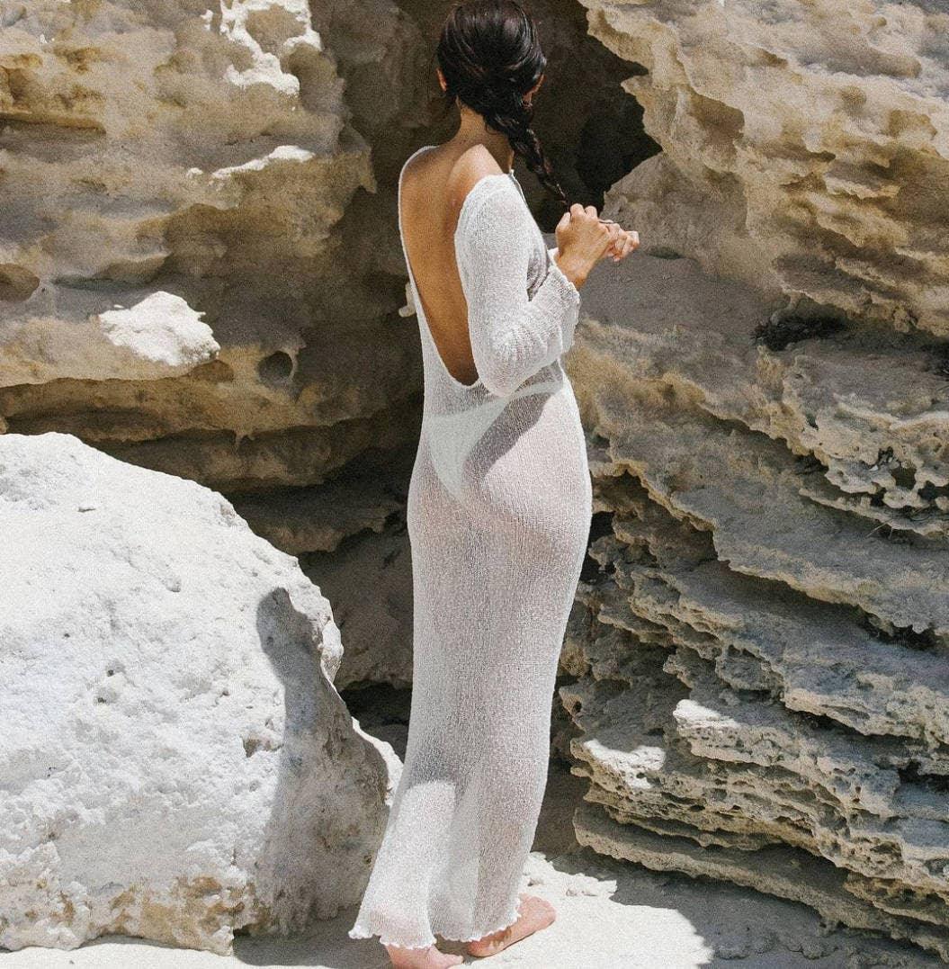 Ladies See Sheer Backless Knit Maxi Dress Beach Cover