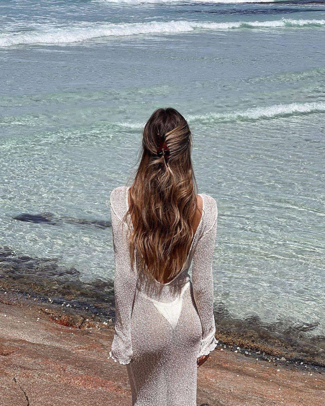 Ladies See Sheer Backless Knit Maxi Dress Beach Cover