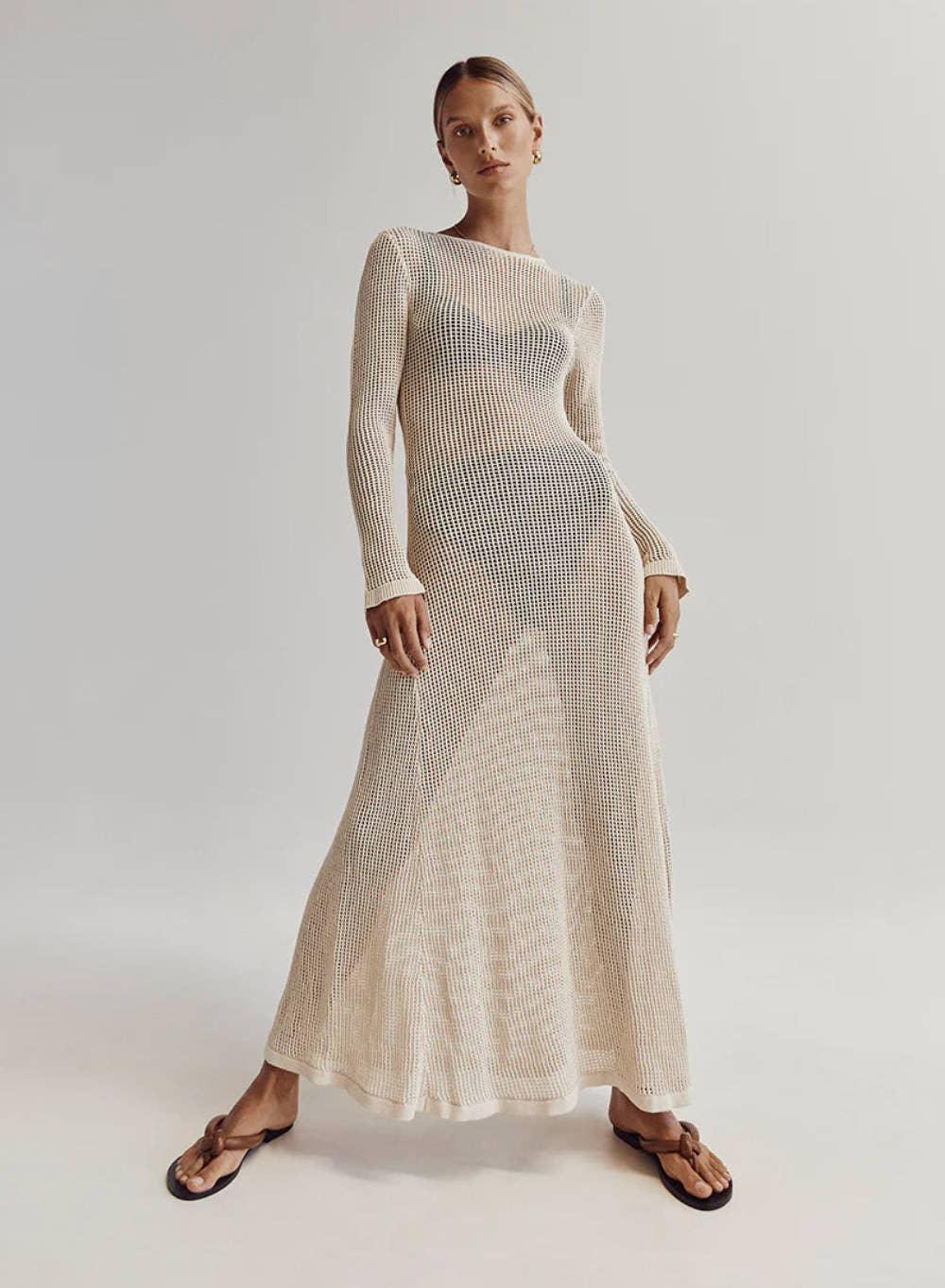 Ladies See Through Hollow Out Midi Dress Bikini Cover