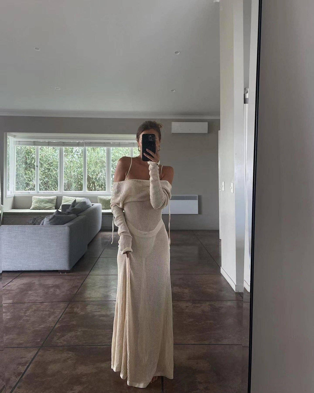 Ladies See Through Hollow Out Midi Dress Bikini Cover
