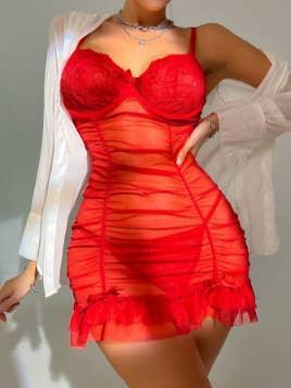 Ladies See Through Lingerie Set Wrinkle Chemise 1010012